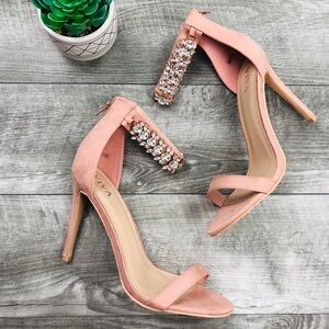 NEW BLUSH PINK TWO STRAP SUEDE HEELS W/ ANKLE GEMS